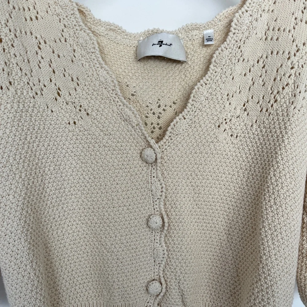 7 For All Mankind | Pointelle Peplum Cardigan / Blouse Women's Cream M - Picture 2 of 7